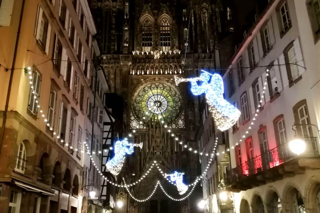 christmas lights in front of strasbourg cathedral