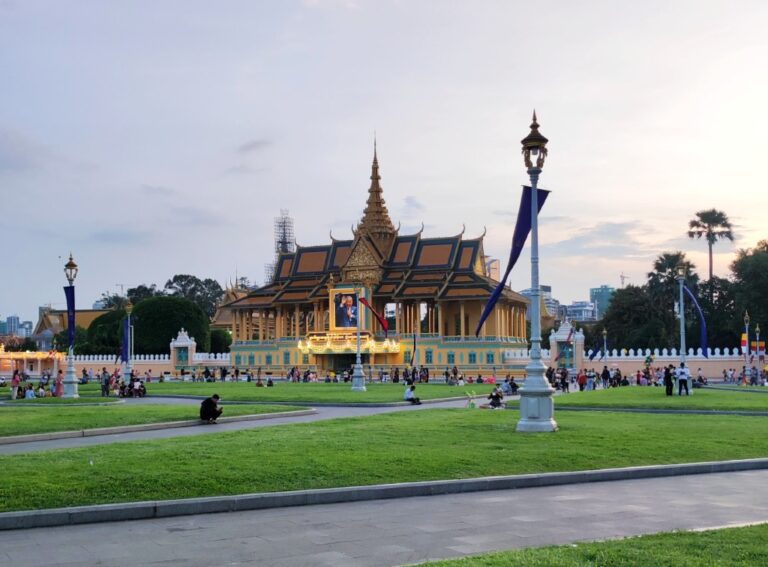 royal palace in phnom penh, a view from the green lawn in front of the palace