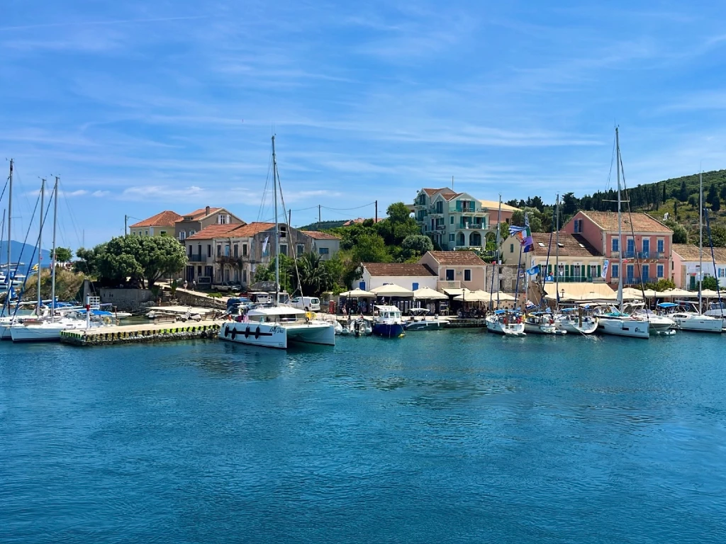 seafront view of a small port on greek island kefalonia in summer