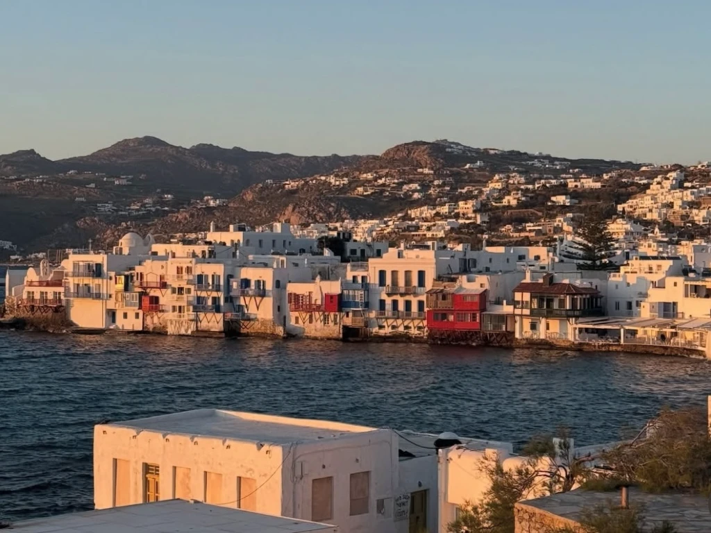 mykonos seafront view of whitewashed houses