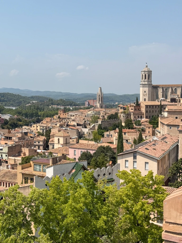 view of girona rooftops and the cathedral from girona city walls